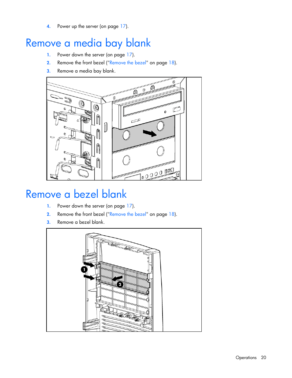 Remove a media bay blank, Remove a bezel blank | HP ProLiant ML310 G5 Server User Manual | Page 20 / 99