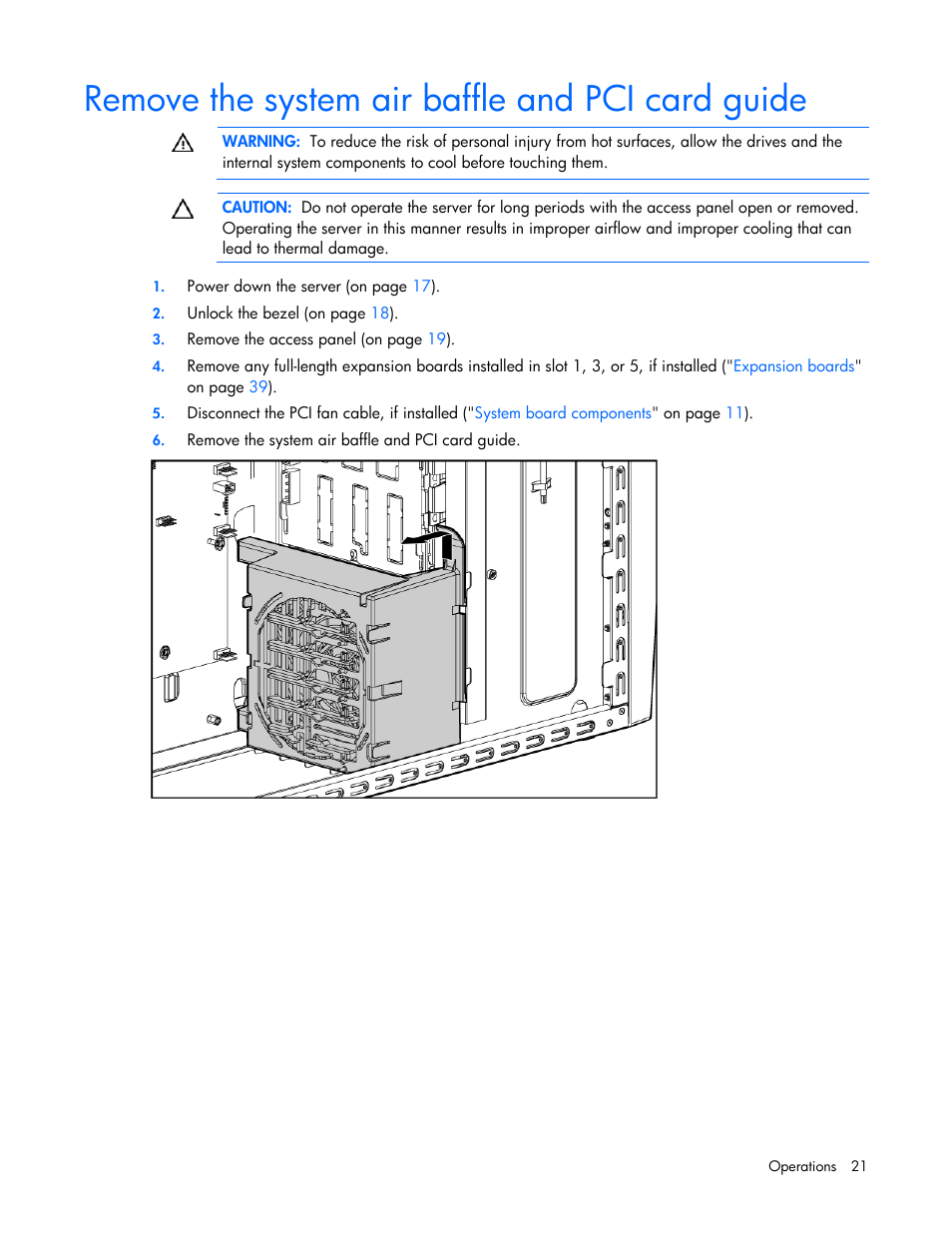 Remove the system air baffle and pci card guide | HP ProLiant ML310 G5 Server User Manual | Page 21 / 99