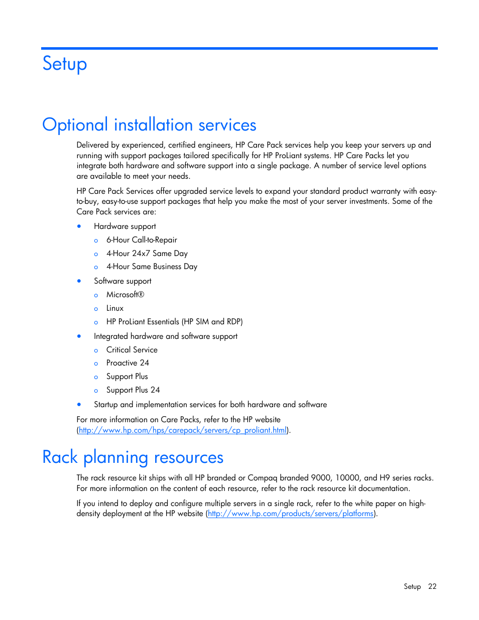 Setup, Optional installation services, Rack planning resources | HP ProLiant ML310 G5 Server User Manual | Page 22 / 99