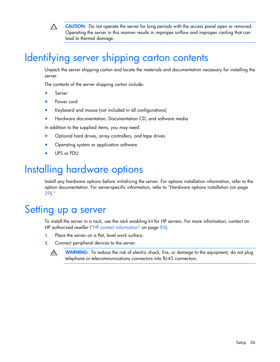 Identifying server shipping carton contents, Installing hardware options, Setting up a server | HP ProLiant ML310 G5 Server User Manual | Page 26 / 99