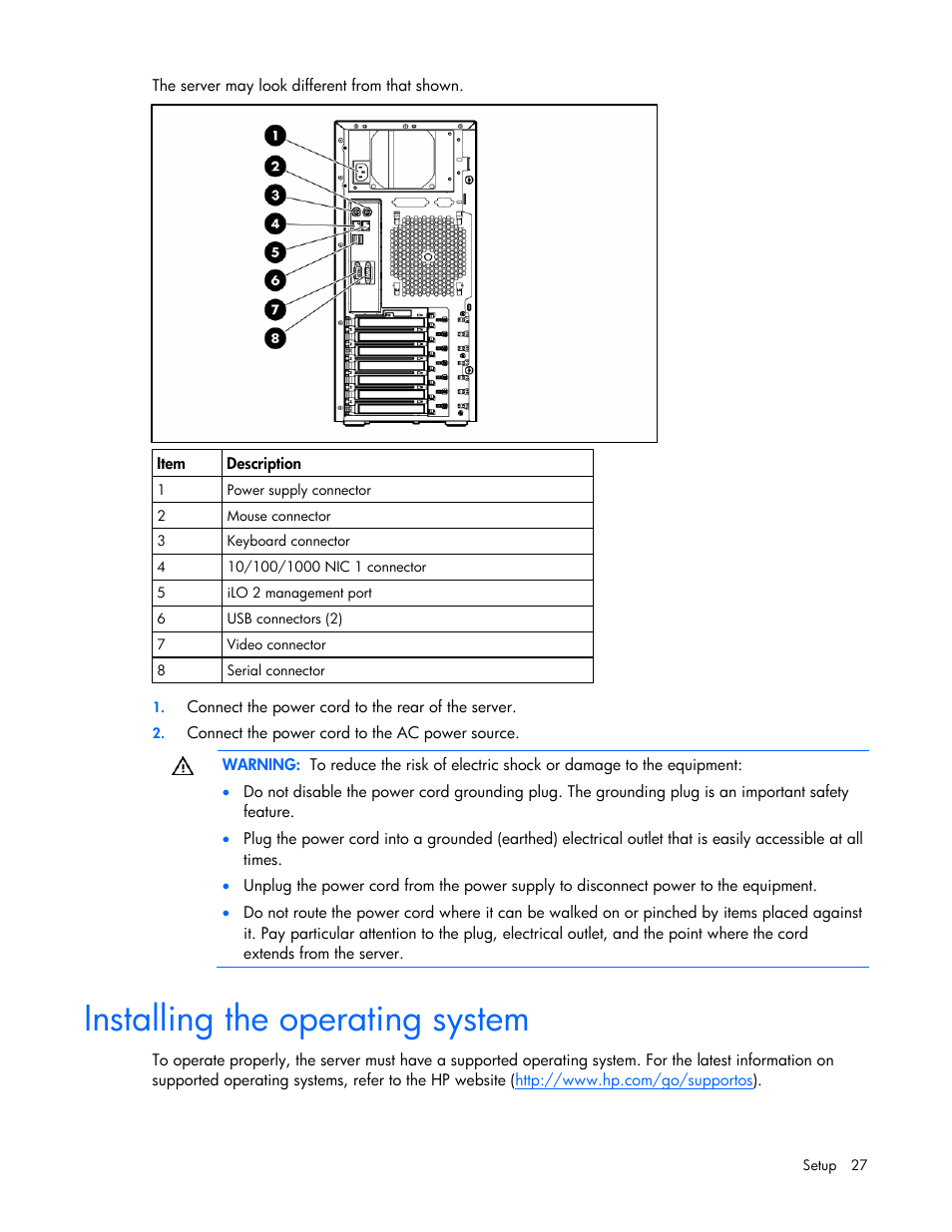 Installing the operating system | HP ProLiant ML310 G5 Server User Manual | Page 27 / 99