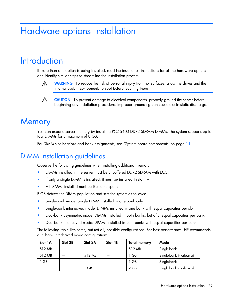 Hardware options installation, Introduction, Memory | Dimm installation guidelines | HP ProLiant ML310 G5 Server User Manual | Page 29 / 99