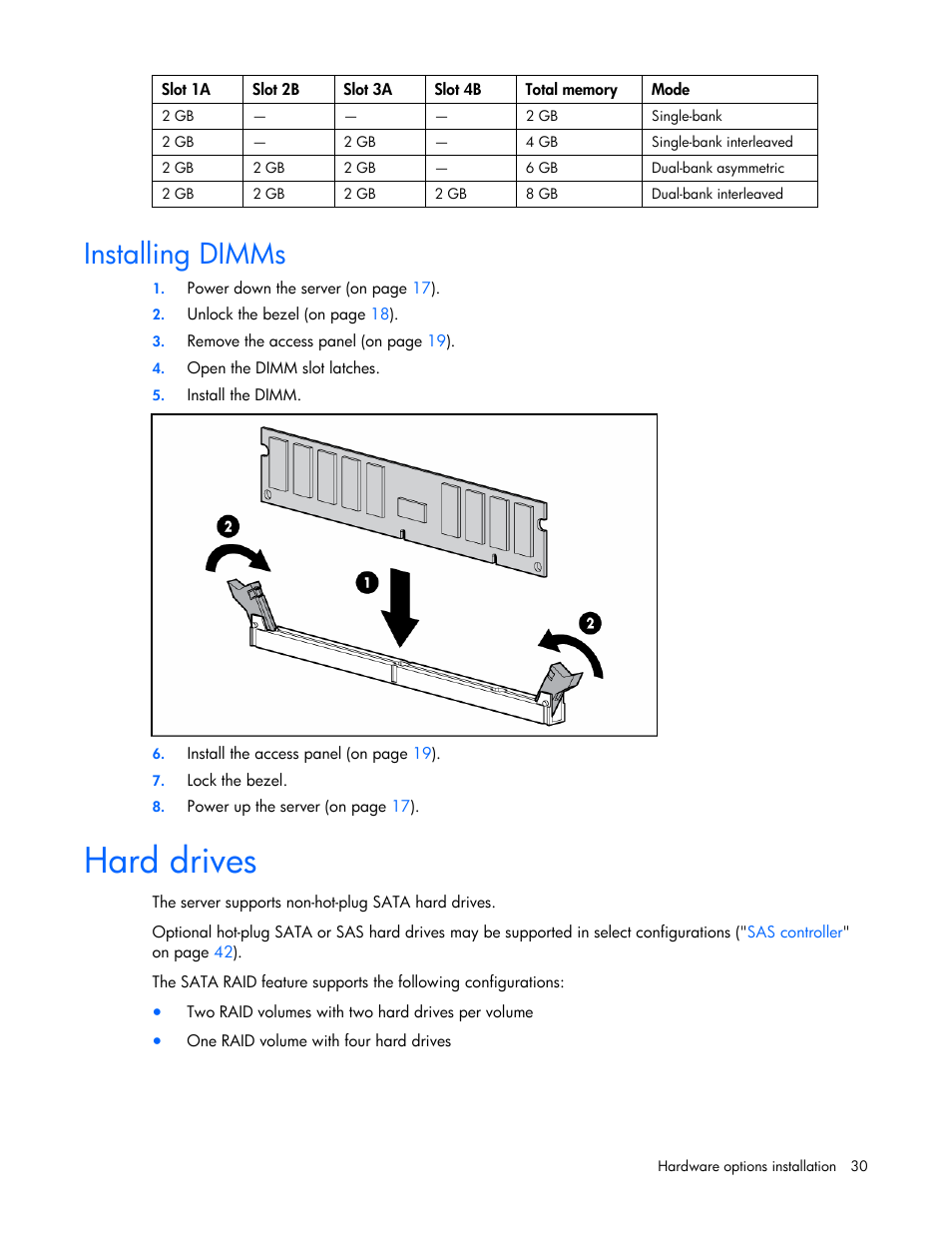 Installing dimms, Hard drives | HP ProLiant ML310 G5 Server User Manual | Page 30 / 99