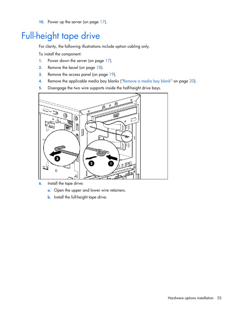 Full-height tape drive | HP ProLiant ML310 G5 Server User Manual | Page 35 / 99