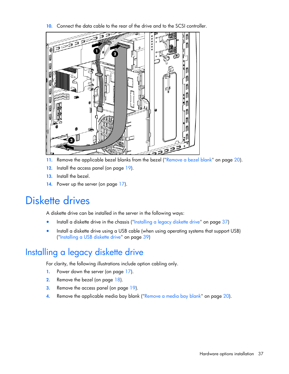 Diskette drives, Installing a legacy diskette drive | HP ProLiant ML310 G5 Server User Manual | Page 37 / 99