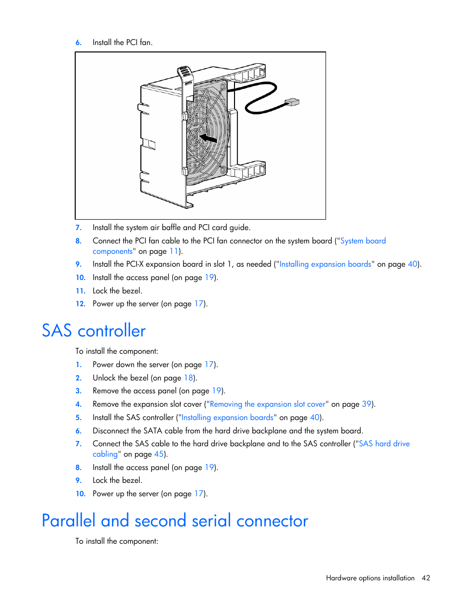 Sas controller, Parallel and second serial connector, A sata c | HP ProLiant ML310 G5 Server User Manual | Page 42 / 99