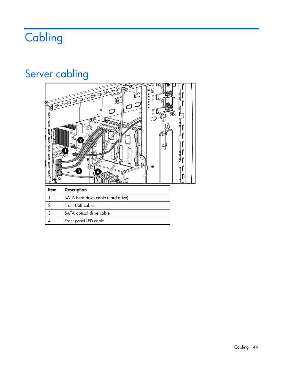 Cabling, Server cabling | HP ProLiant ML310 G5 Server User Manual | Page 44 / 99