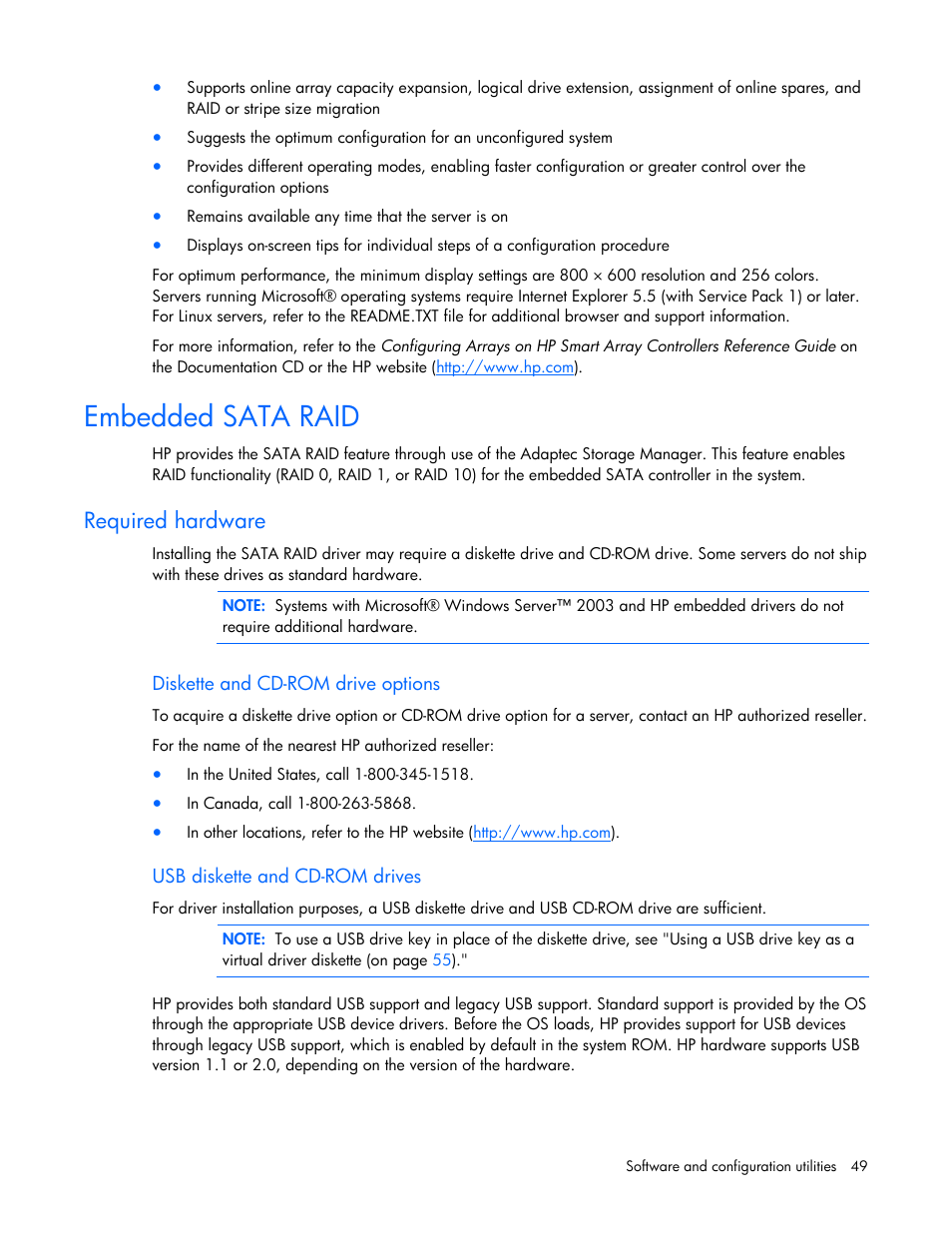 Embedded sata raid, Required hardware | HP ProLiant ML310 G5 Server User Manual | Page 49 / 99