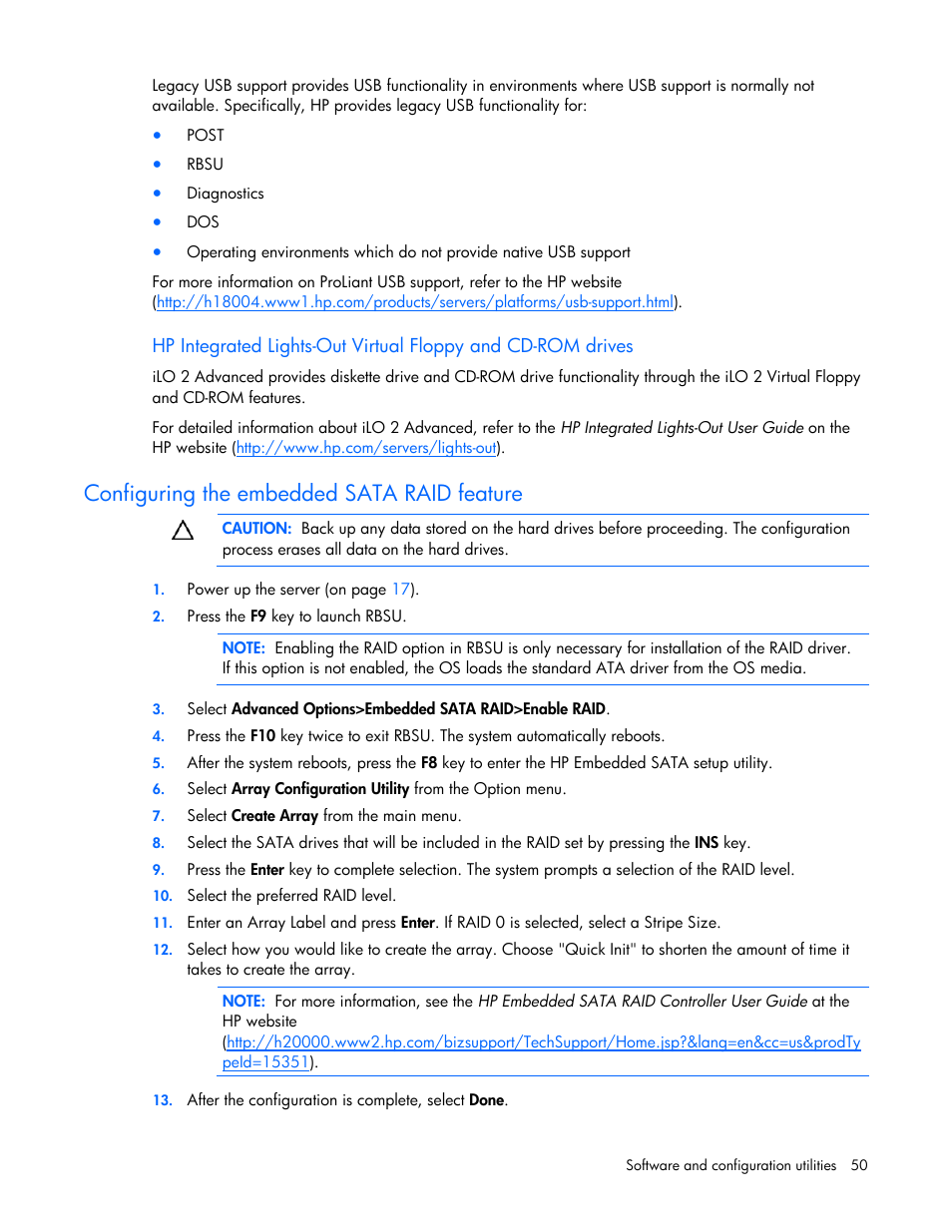 Configuring the embedded sata raid feature | HP ProLiant ML310 G5 Server User Manual | Page 50 / 99