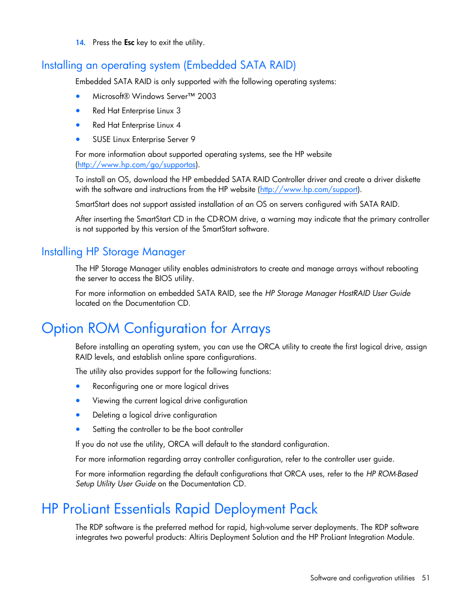 Option rom configuration for arrays, Hp proliant essentials rapid deployment pack, Installing hp storage manager | HP ProLiant ML310 G5 Server User Manual | Page 51 / 99