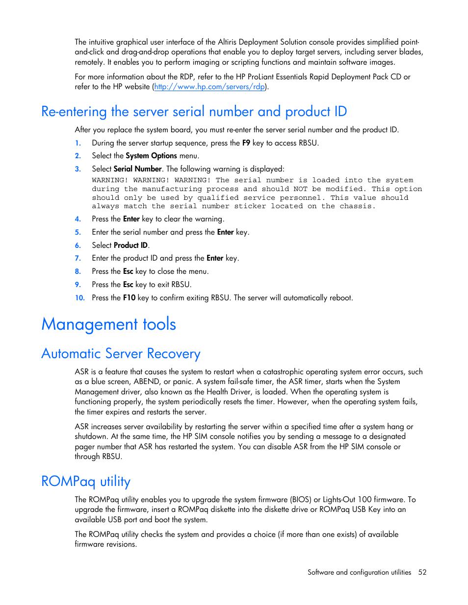 Management tools, Automatic server recovery, Rompaq utility | HP ProLiant ML310 G5 Server User Manual | Page 52 / 99