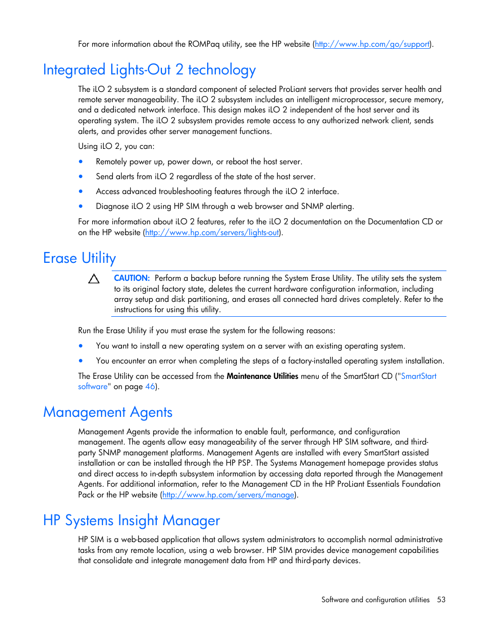 Integrated lights-out 2 technology, Erase utility, Management agents | Hp systems insight manager | HP ProLiant ML310 G5 Server User Manual | Page 53 / 99