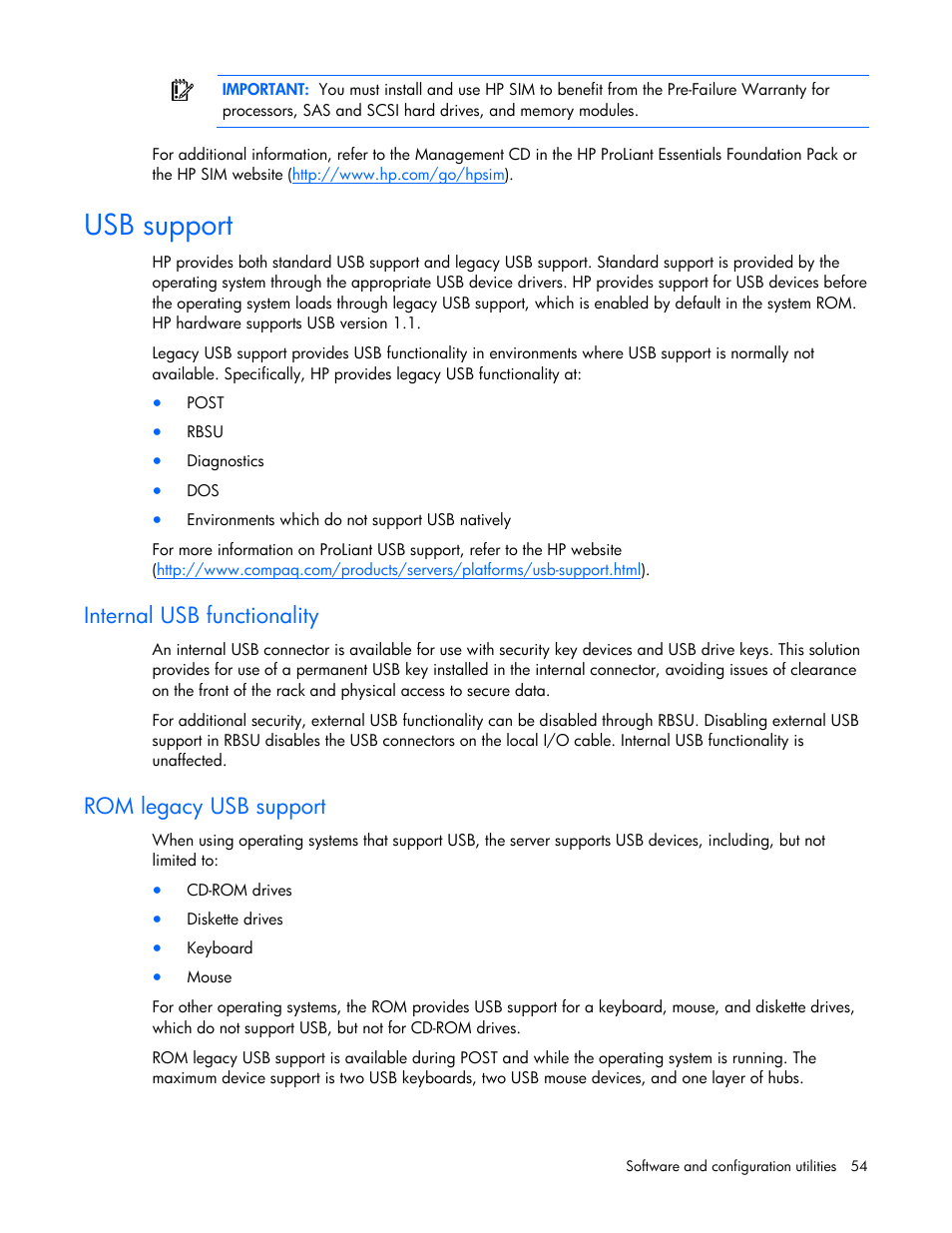 Usb support, Internal usb functionality, Rom legacy usb support | HP ProLiant ML310 G5 Server User Manual | Page 54 / 99