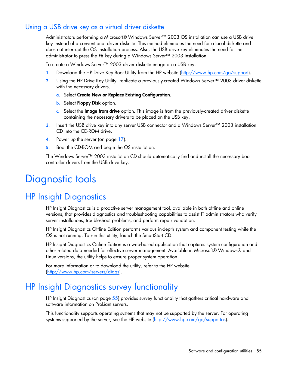 Diagnostic tools, Hp insight diagnostics, Hp insight diagnostics survey functionality | Using a usb drive key as a virtual driver diskette | HP ProLiant ML310 G5 Server User Manual | Page 55 / 99