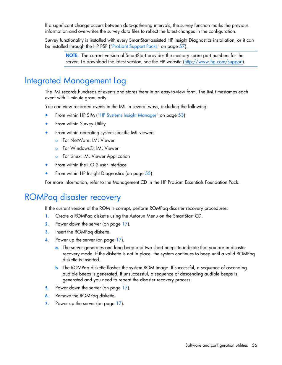 Integrated management log, Rompaq disaster recovery | HP ProLiant ML310 G5 Server User Manual | Page 56 / 99