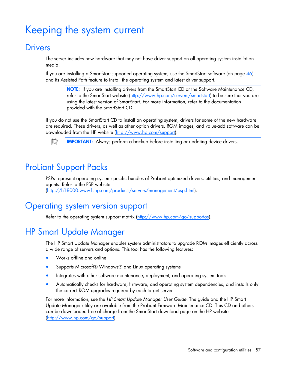 Keeping the system current, Drivers, Proliant support packs | Operating system version support, Hp smart update manager, H the hp psp | HP ProLiant ML310 G5 Server User Manual | Page 57 / 99