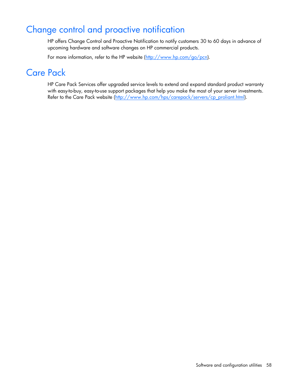 Change control and proactive notification, Care pack | HP ProLiant ML310 G5 Server User Manual | Page 58 / 99