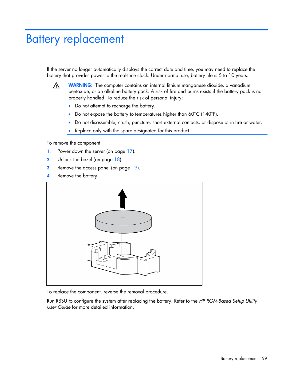 Battery replacement | HP ProLiant ML310 G5 Server User Manual | Page 59 / 99