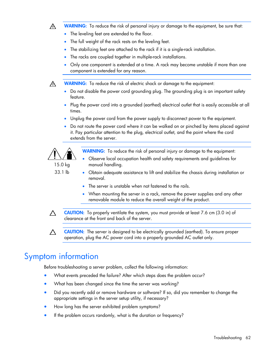 Symptom information | HP ProLiant ML310 G5 Server User Manual | Page 62 / 99