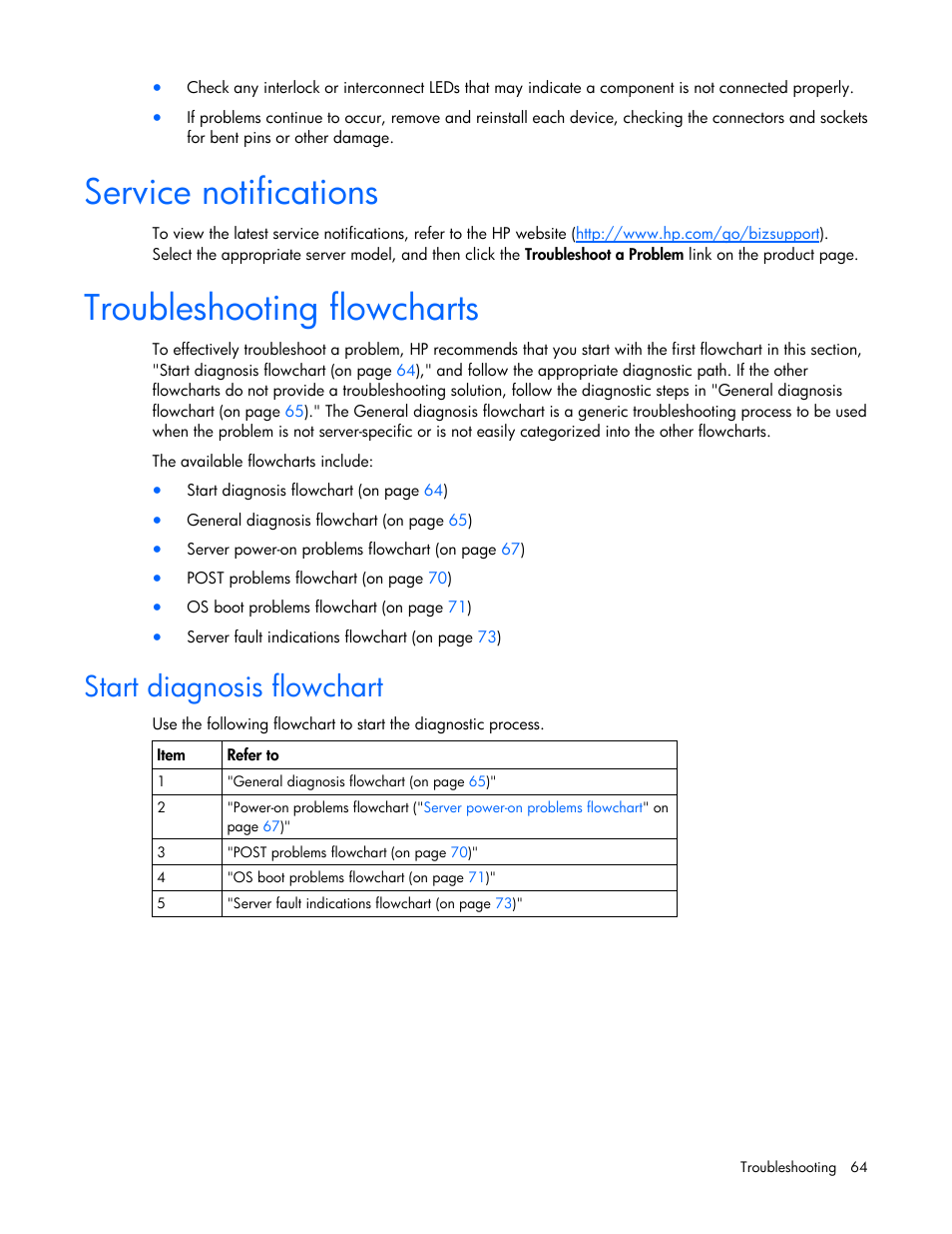 Service notifications, Troubleshooting flowcharts, Start diagnosis flowchart | To begin the diagnostic | HP ProLiant ML310 G5 Server User Manual | Page 64 / 99