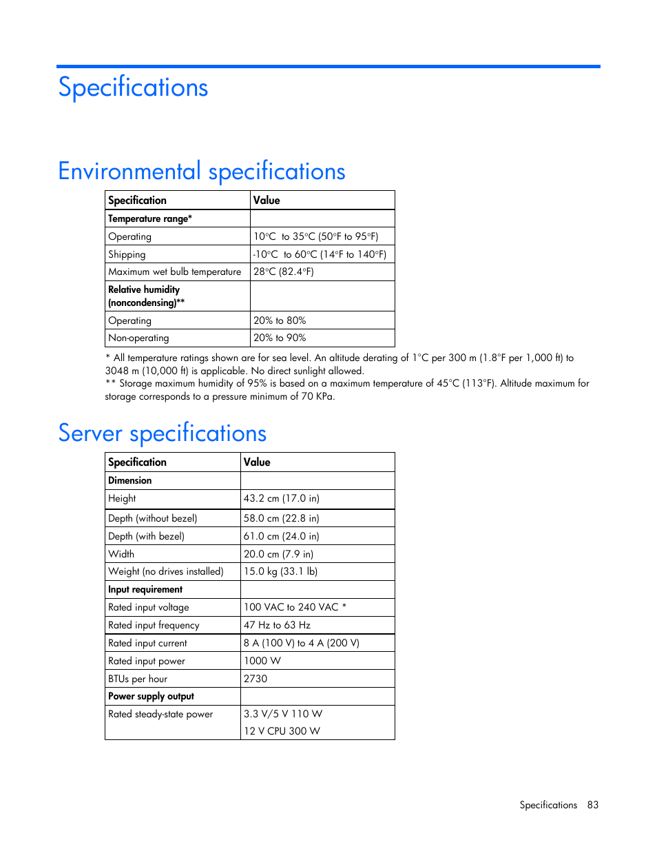 Specifications, Environmental specifications, Server specifications | HP ProLiant ML310 G5 Server User Manual | Page 83 / 99