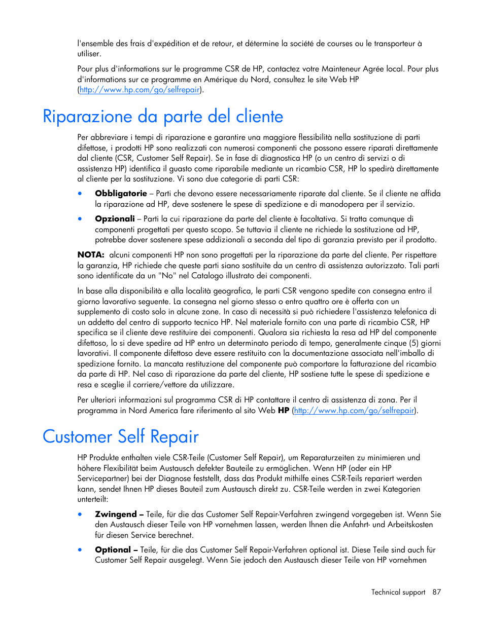 Riparazione da parte del cliente, Customer self repair | HP ProLiant ML310 G5 Server User Manual | Page 87 / 99