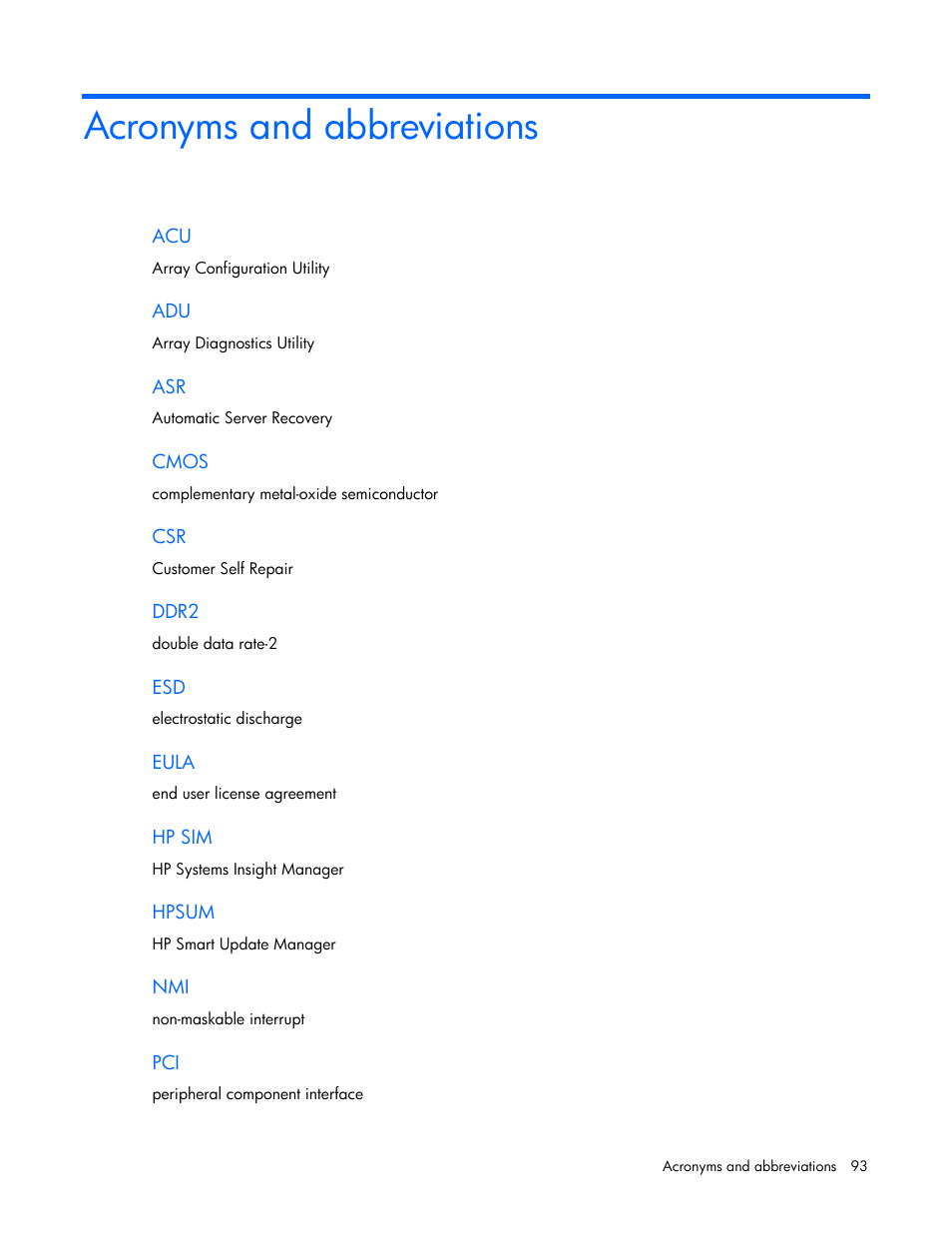 Acronyms and abbreviations | HP ProLiant ML310 G5 Server User Manual | Page 93 / 99