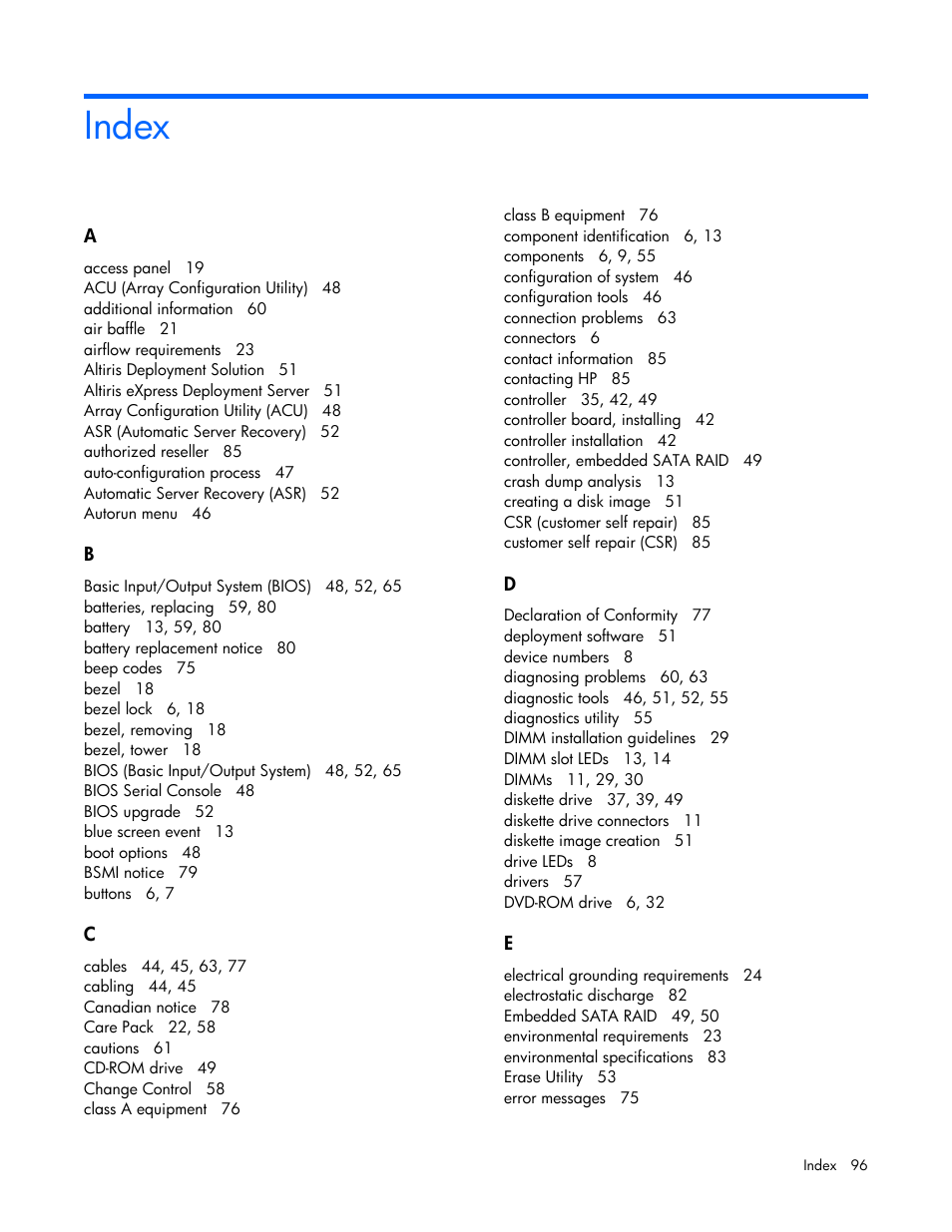 Index | HP ProLiant ML310 G5 Server User Manual | Page 96 / 99