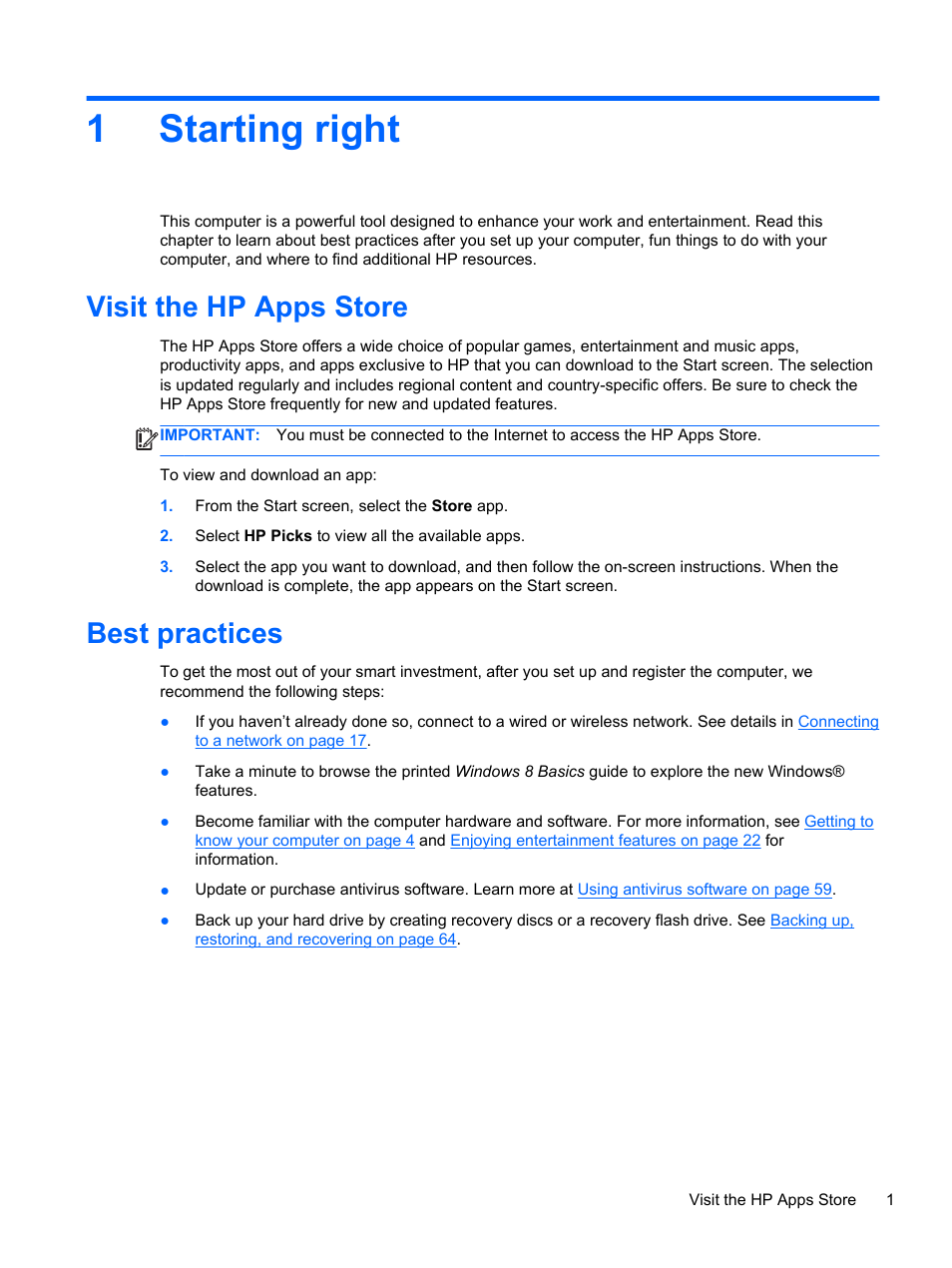 Starting right, Visit the hp apps store, Best practices | 1 starting right, Visit the hp apps store best practices, 1starting right | HP Pavilion 11-h010nr x2 PC User Manual | Page 11 / 85