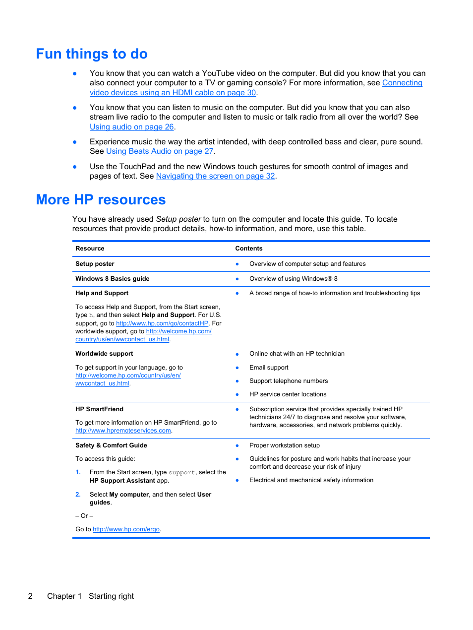 Fun things to do, More hp resources, Fun things to do more hp resources | HP Pavilion 11-h010nr x2 PC User Manual | Page 12 / 85