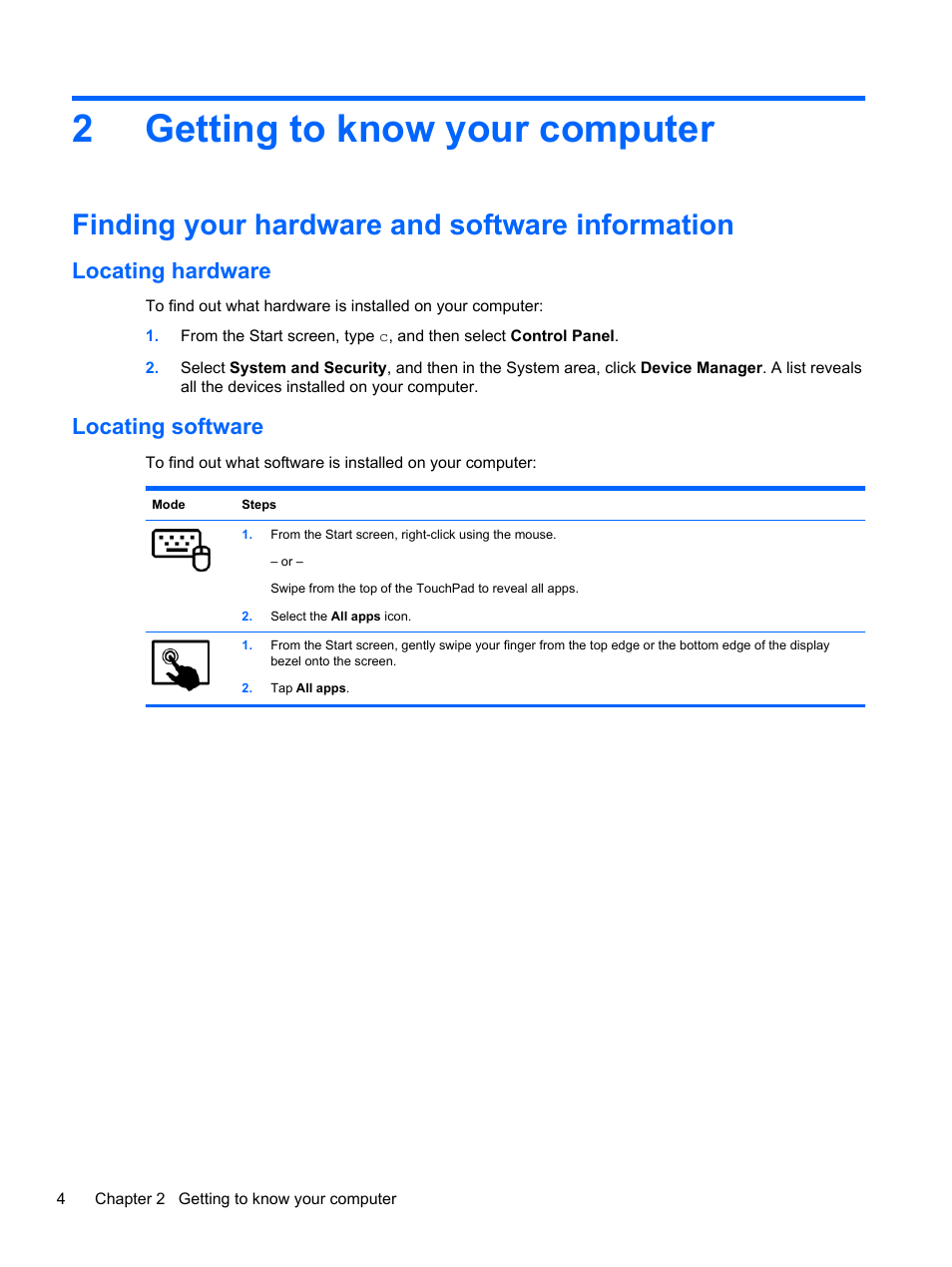 Getting to know your computer, Finding your hardware and software information, Locating hardware | Locating software, 2 getting to know your computer, Locating hardware locating software, Getting to, 2getting to know your computer | HP Pavilion 11-h010nr x2 PC User Manual | Page 14 / 85