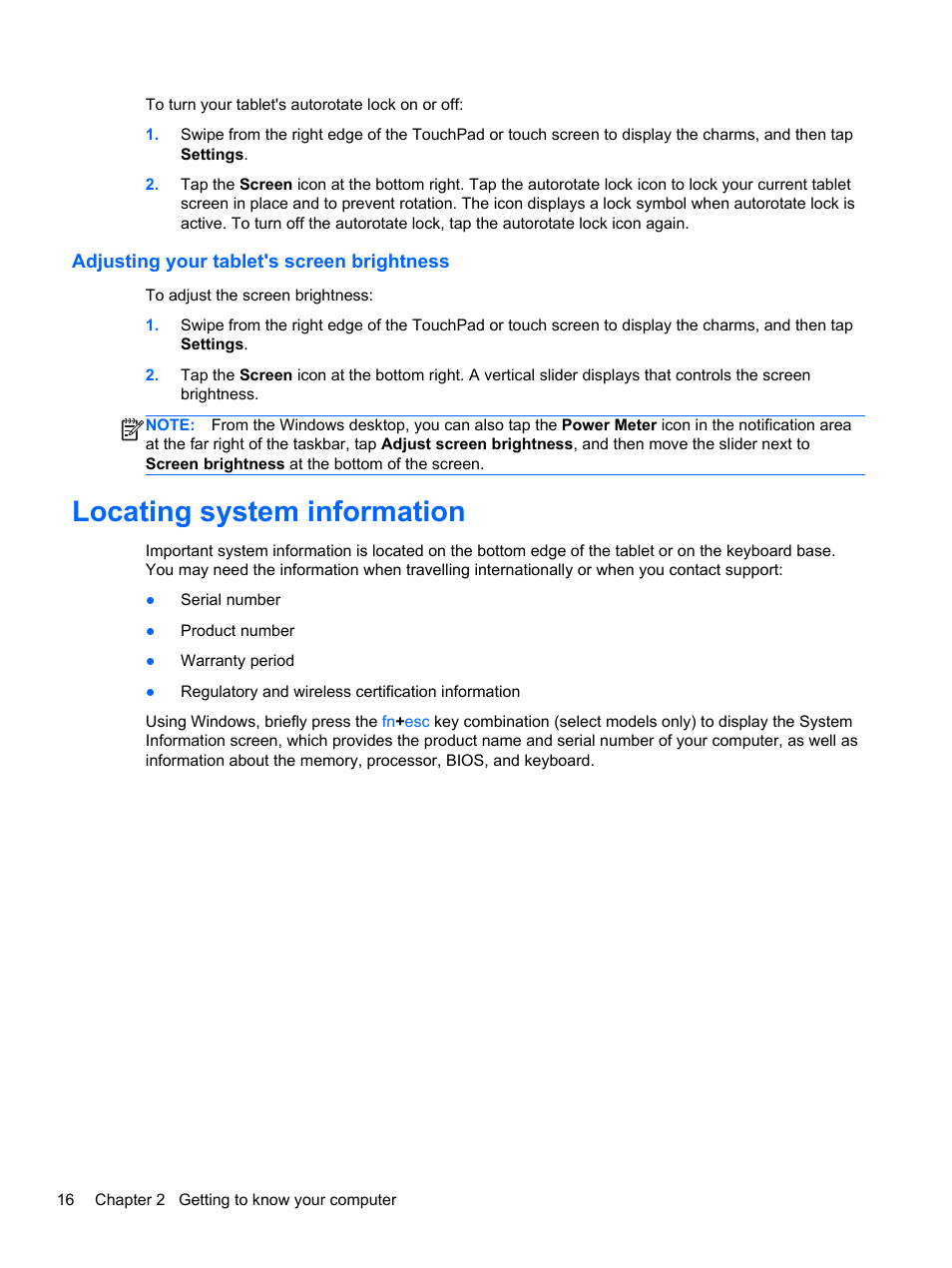 Adjusting your tablet's screen brightness, Locating system information | HP Pavilion 11-h010nr x2 PC User Manual | Page 26 / 85