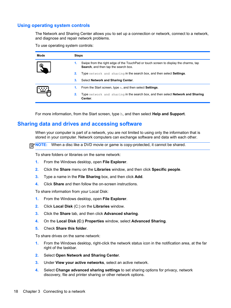 Using operating system controls, Sharing data and drives and accessing software | HP Pavilion 11-h010nr x2 PC User Manual | Page 28 / 85