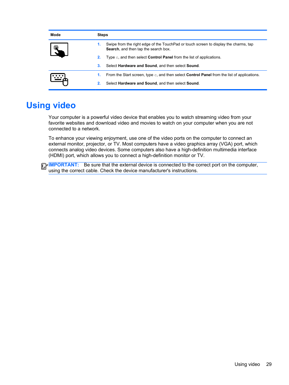 Using video | HP Pavilion 11-h010nr x2 PC User Manual | Page 39 / 85