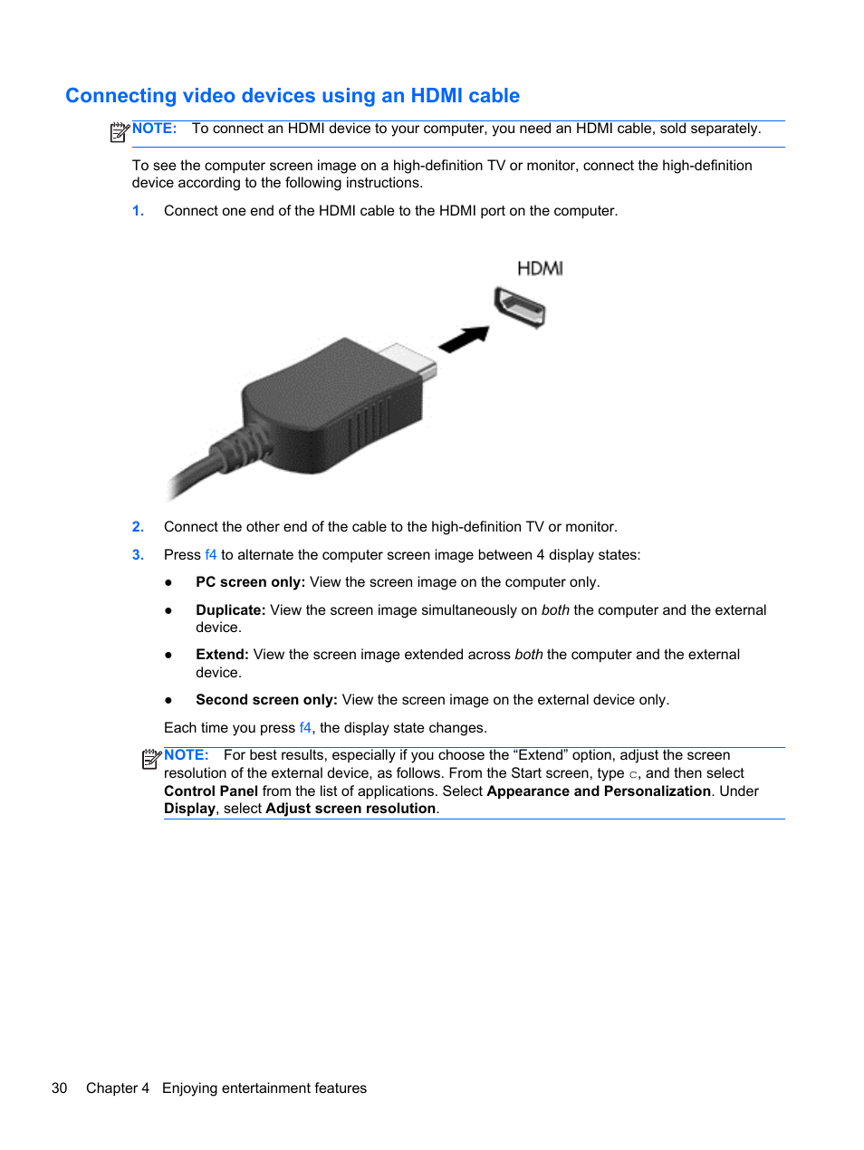 Connecting video devices using an hdmi cable, Connecting | HP Pavilion 11-h010nr x2 PC User Manual | Page 40 / 85