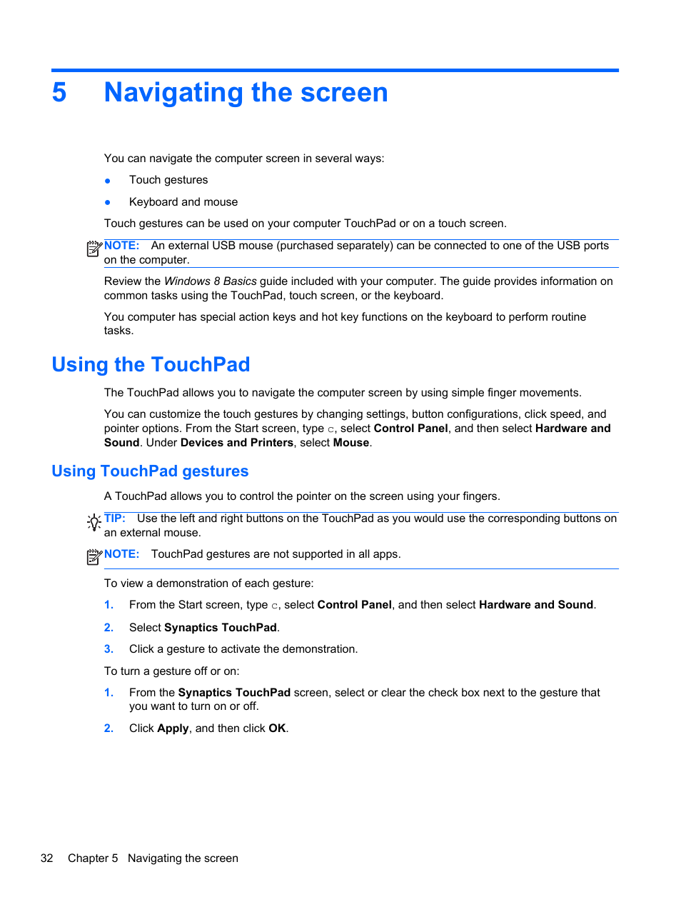 Navigating the screen, Using the touchpad, Using touchpad gestures | 5 navigating the screen, Text. see, 5navigating the screen | HP Pavilion 11-h010nr x2 PC User Manual | Page 42 / 85