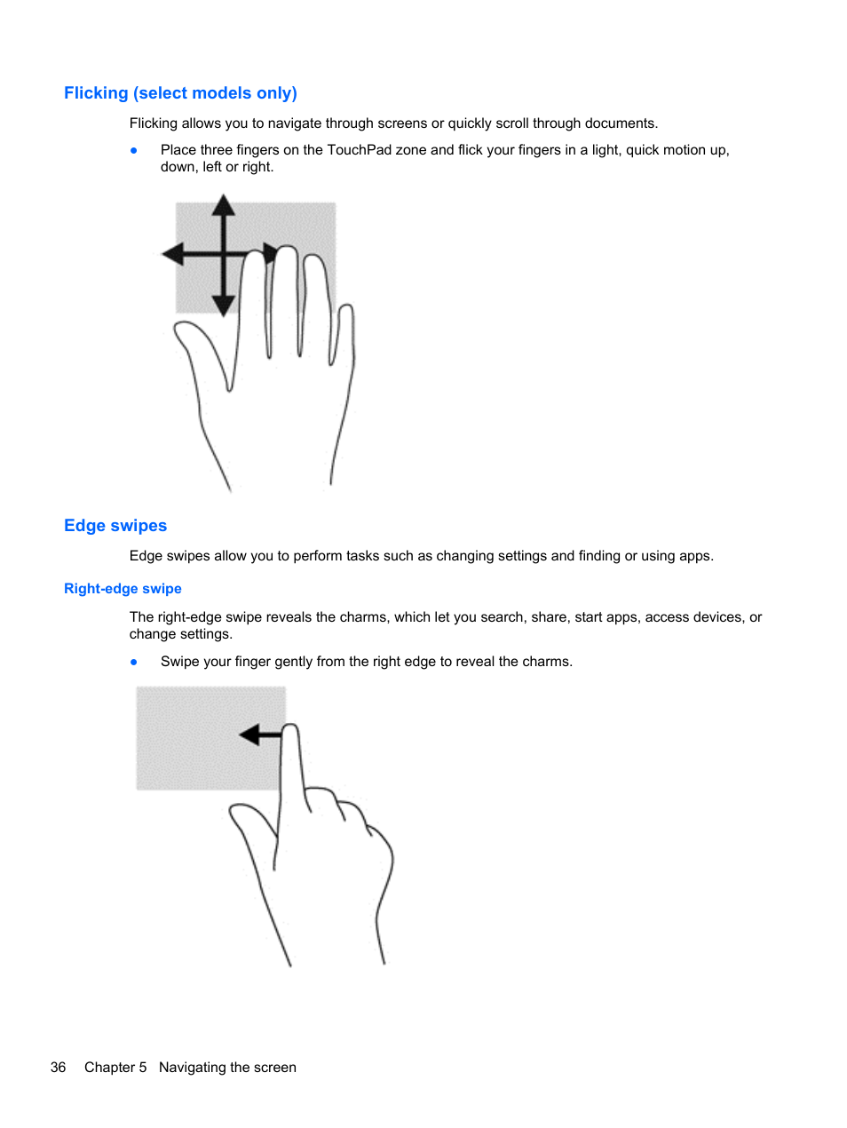 Flicking (select models only), Edge swipes, Right-edge swipe | Flicking (select models only) edge swipes | HP Pavilion 11-h010nr x2 PC User Manual | Page 46 / 85