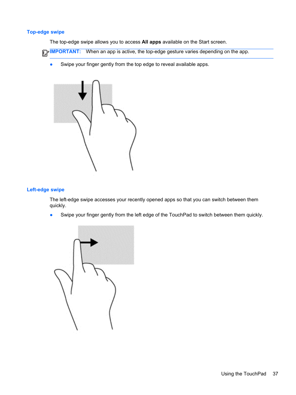 Top-edge swipe, Left-edge swipe, Top-edge swipe left-edge swipe | HP Pavilion 11-h010nr x2 PC User Manual | Page 47 / 85