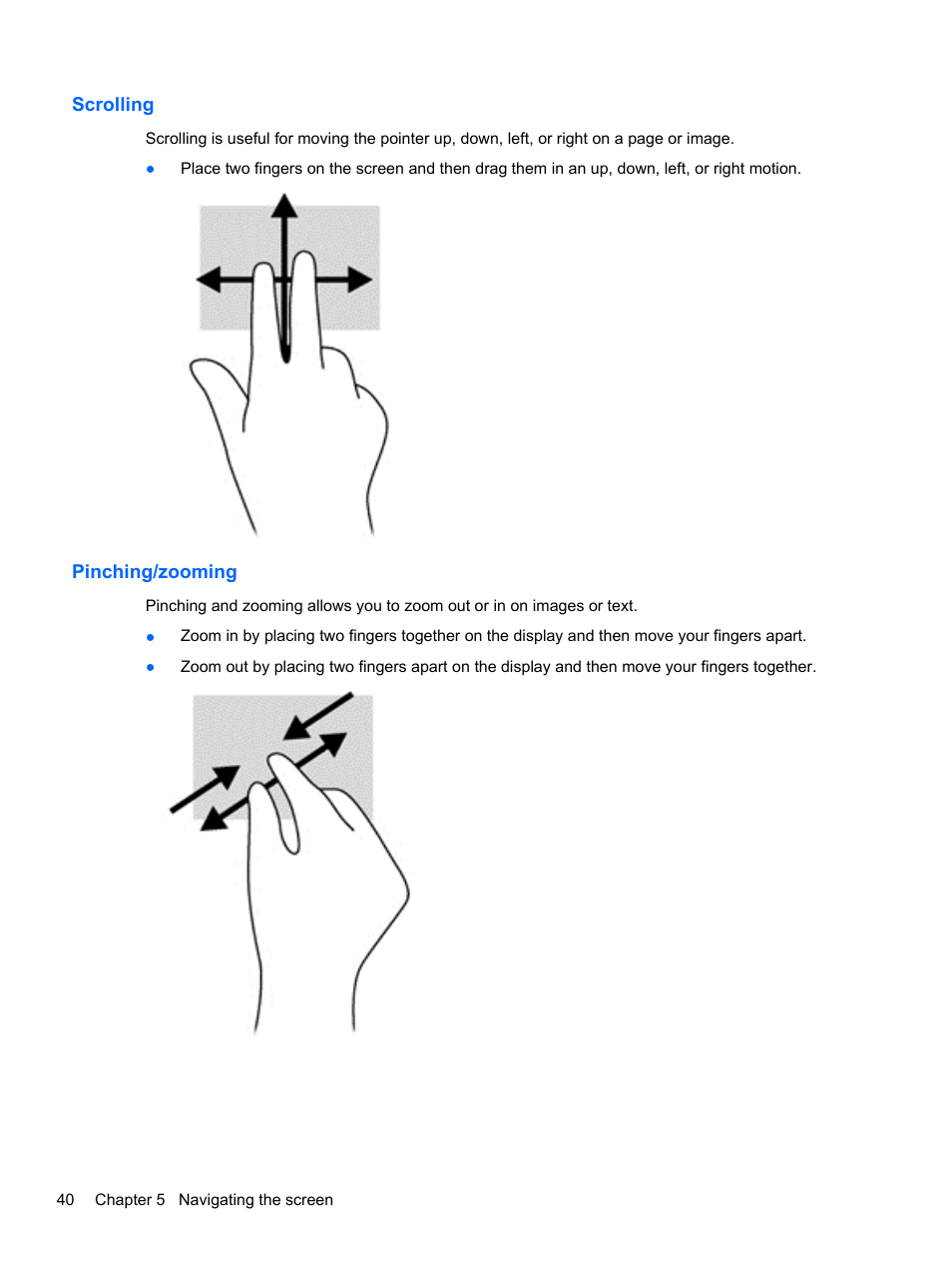 Scrolling, Pinching/zooming, Scrolling pinching/zooming | HP Pavilion 11-h010nr x2 PC User Manual | Page 50 / 85