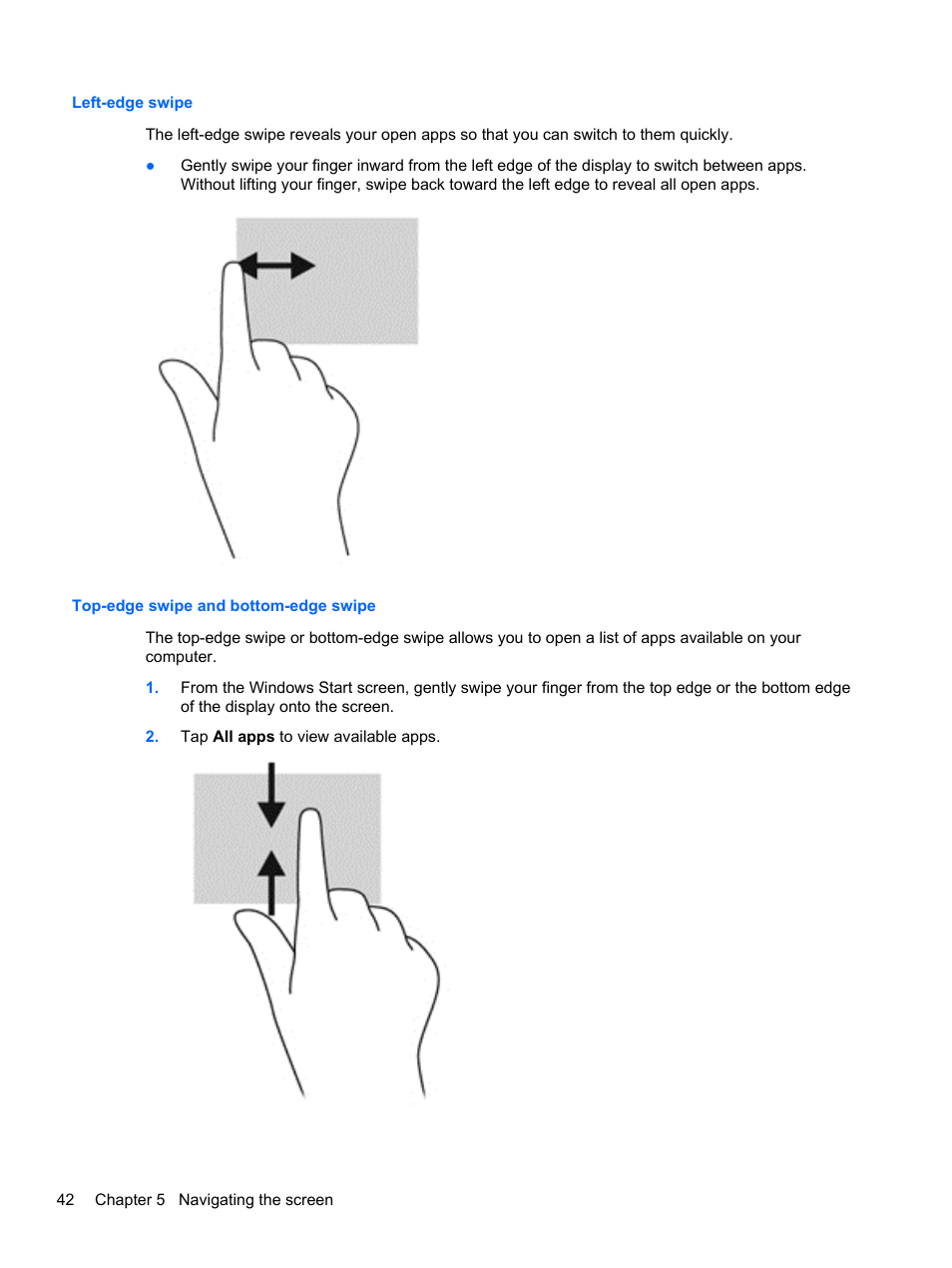 Left-edge swipe, Top-edge swipe and bottom-edge swipe | HP Pavilion 11-h010nr x2 PC User Manual | Page 52 / 85