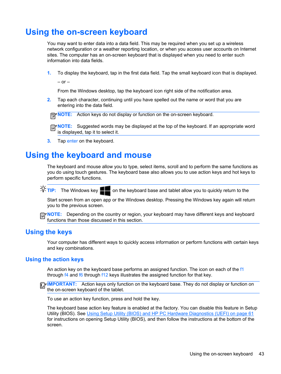 Using the on-screen keyboard, Using the keyboard and mouse, Using the keys | Using the action keys | HP Pavilion 11-h010nr x2 PC User Manual | Page 53 / 85