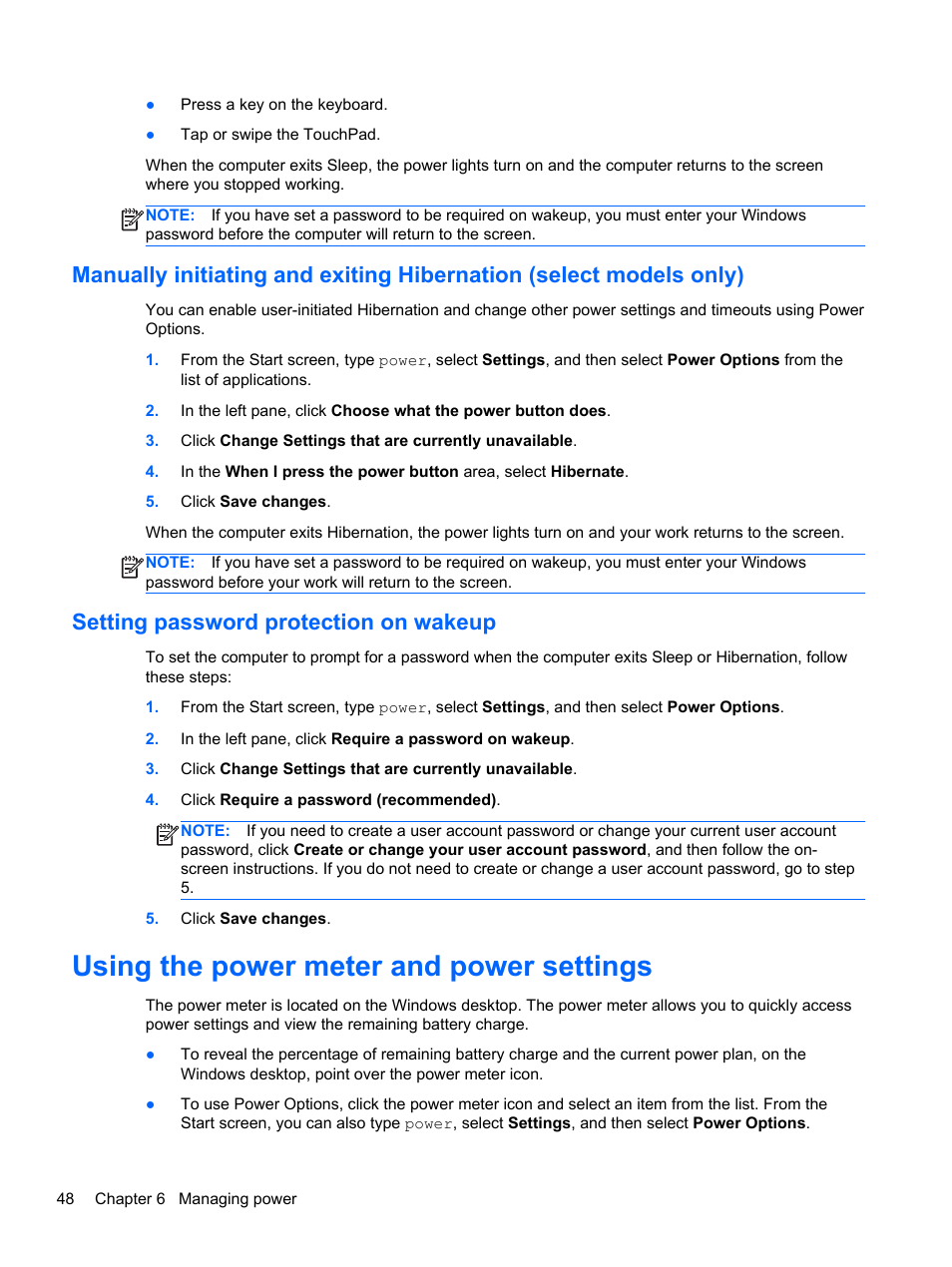 Setting password protection on wakeup, Using the power meter and power settings | HP Pavilion 11-h010nr x2 PC User Manual | Page 58 / 85