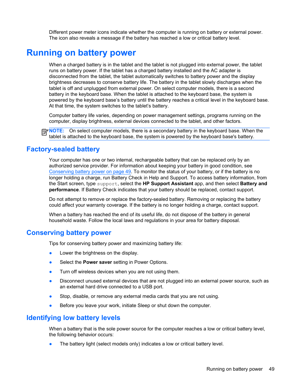 Running on battery power, Factory-sealed battery, Conserving battery power | Identifying low battery levels | HP Pavilion 11-h010nr x2 PC User Manual | Page 59 / 85