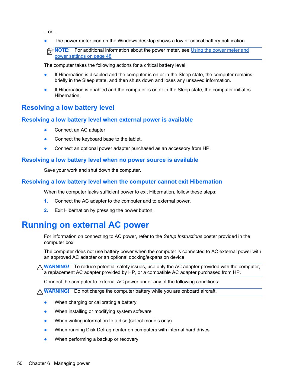 Resolving a low battery level, Running on external ac power | HP Pavilion 11-h010nr x2 PC User Manual | Page 60 / 85