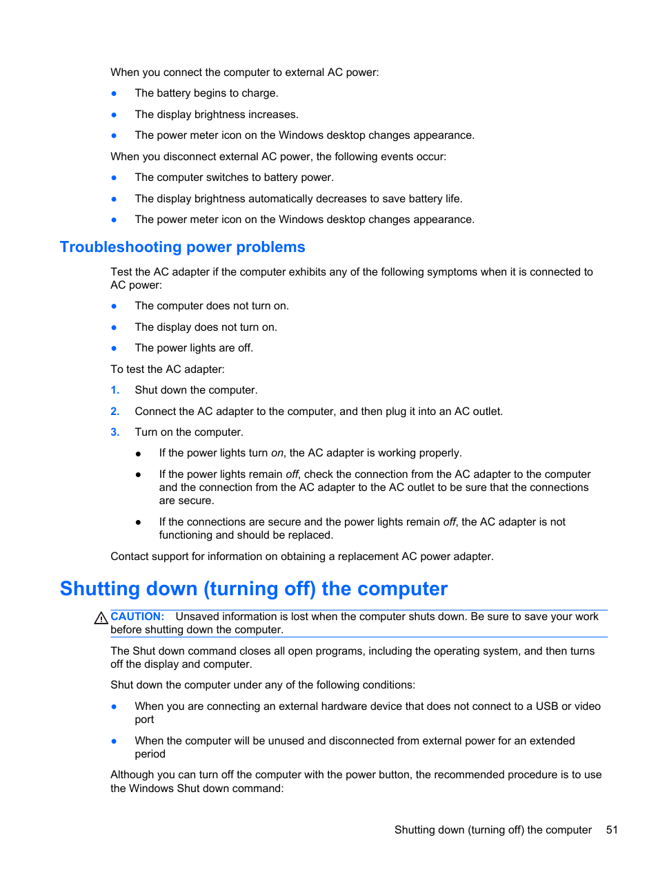 Troubleshooting power problems, Shutting down (turning off) the computer | HP Pavilion 11-h010nr x2 PC User Manual | Page 61 / 85