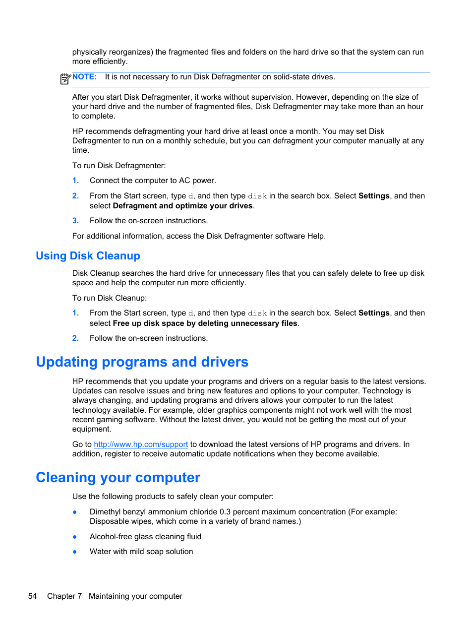 Using disk cleanup, Updating programs and drivers, Cleaning your computer | HP Pavilion 11-h010nr x2 PC User Manual | Page 64 / 85
