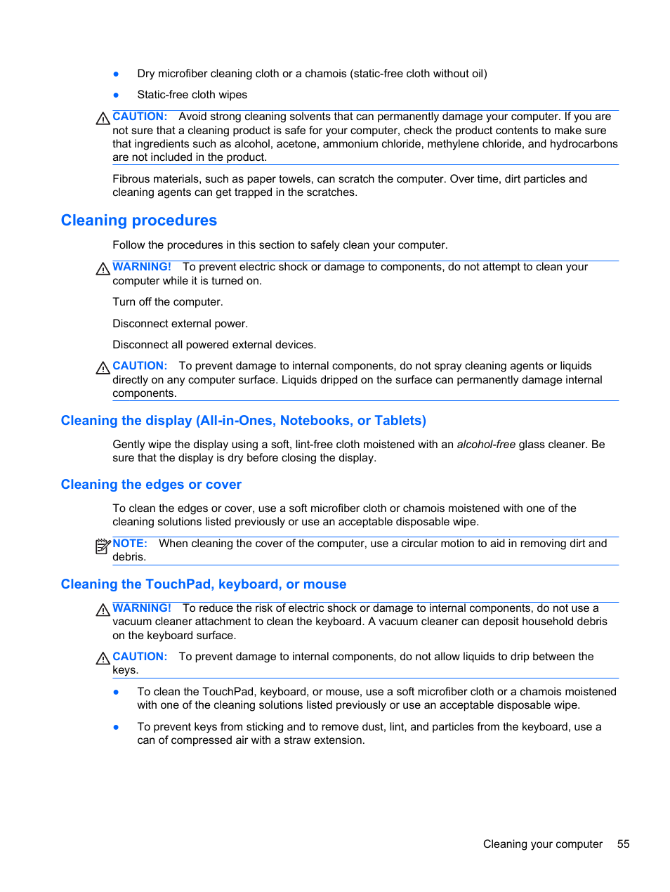 Cleaning procedures, Cleaning the edges or cover, Cleaning the touchpad, keyboard, or mouse | HP Pavilion 11-h010nr x2 PC User Manual | Page 65 / 85