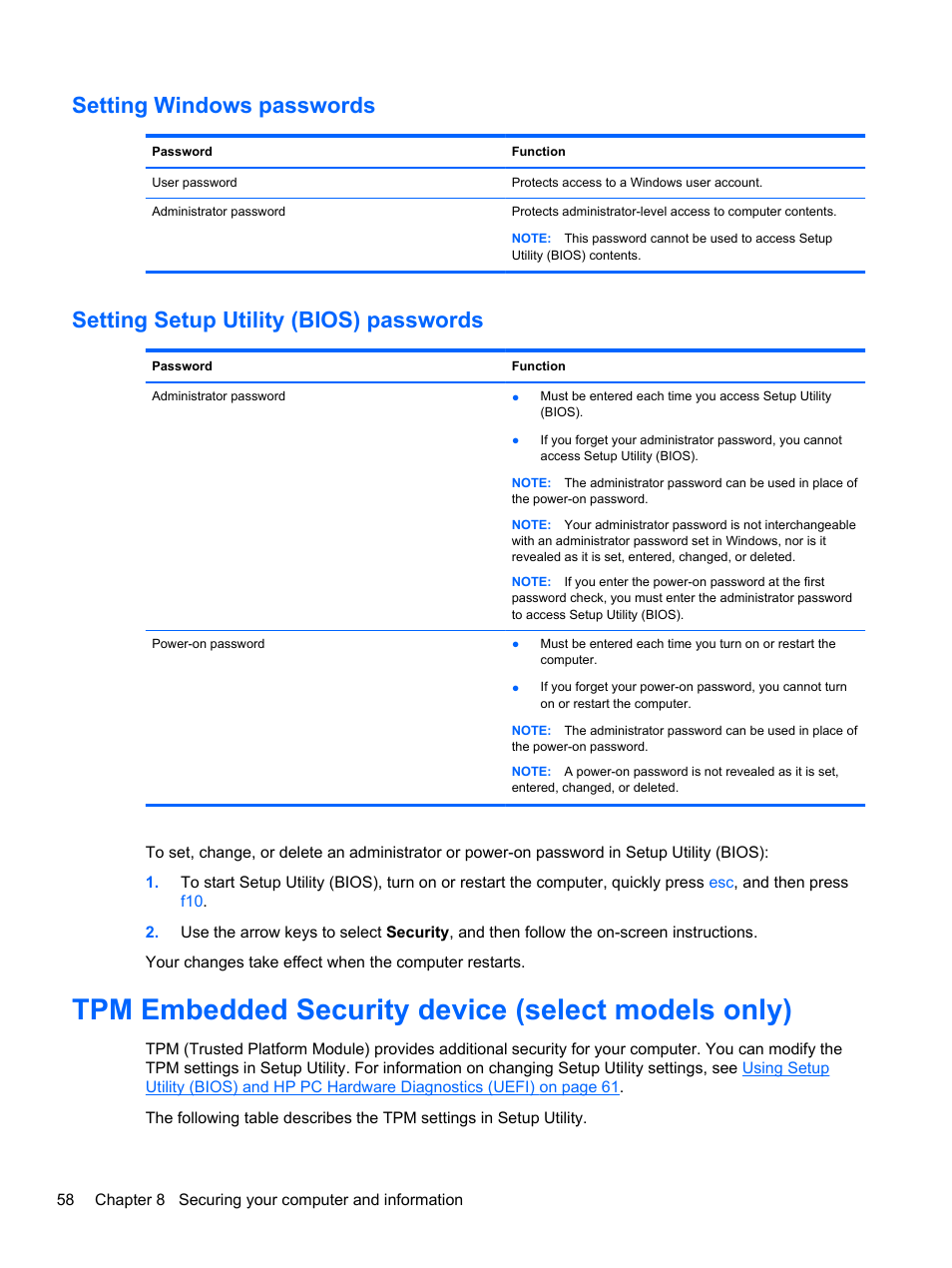 Setting windows passwords, Setting setup utility (bios) passwords, Tpm embedded security device (select models only) | HP Pavilion 11-h010nr x2 PC User Manual | Page 68 / 85