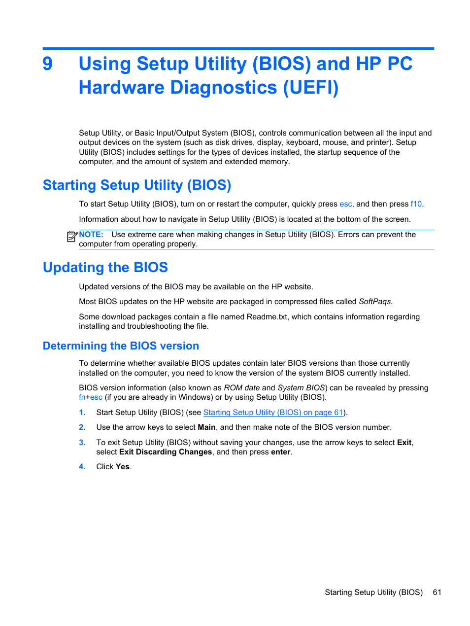 Starting setup utility (bios), Updating the bios, Determining the bios version | Starting setup utility (bios) updating the bios | HP Pavilion 11-h010nr x2 PC User Manual | Page 71 / 85