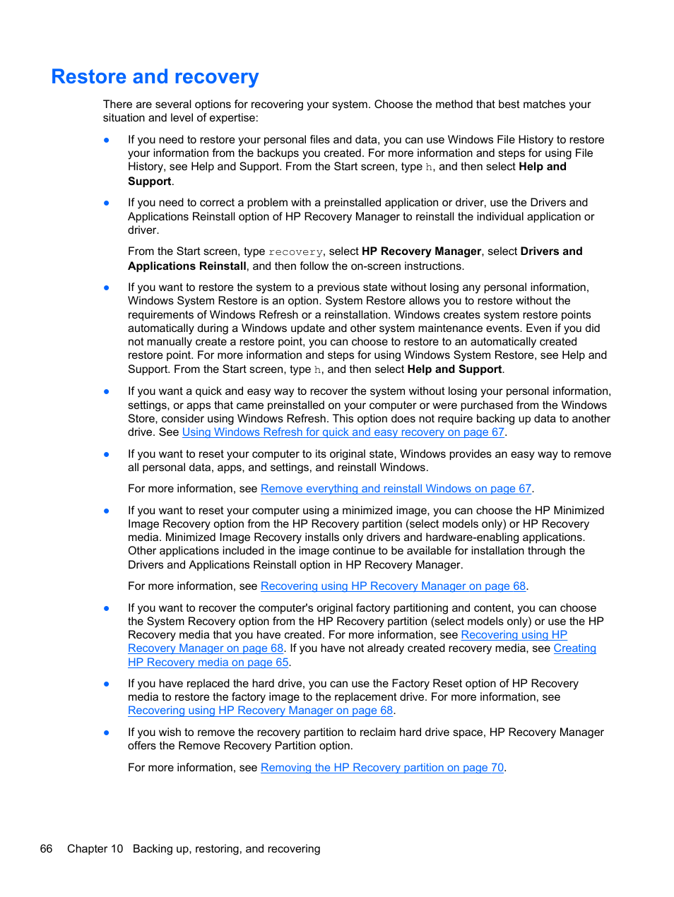 Restore and recovery | HP Pavilion 11-h010nr x2 PC User Manual | Page 76 / 85